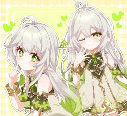 1girl ;) ahoge alternate_hair_length alternate_hairstyle bare_shoulders blush bracelet closed_mouth commentary_request detached_sleeves dress fingernails genshin_impact gold_trim gradient_hair green_eyes green_hair green_sleeves hair_between_eyes hair_ornament hand_up heart highres jewelry leaf_hair_ornament long_hair moco_(moco_8854) multicolored_hair multiple_views nahida_(genshin_impact) one_eye_closed pointy_ears sleeveless sleeveless_dress smile star-shaped_pupils star_(symbol) symbol-shaped_pupils very_long_hair white_dress white_hair