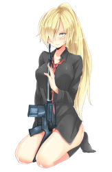 1girl assault_rifle bad_id bad_pixiv_id between_breasts between_legs blue_eyes bottomless breasts dress_shirt eyebrows female_focus genderswap genderswap_(mtf) gun hair_over_one_eye kochi long_hair m16 necktie one_piece ponytail rifle sanji_(one_piece) seiza shirt sitting socks solo sweatdrop weapon white_background