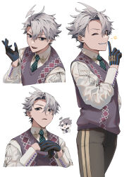 1boy absurdres argyle_clothes argyle_sweater_vest black_eyes black_gloves brown_pants chibi chibi_inset collared_shirt fate/grand_order fate_(series) gloves green_necktie grey_hair highres james_moriarty_(ruler)_(fate) lightning_ahoge male_focus multiple_views necktie one_eye_closed own_hands_together pants purple_sweater_vest shirt short_hair simple_background smile star_(symbol) sweater_vest teeth tia_(cocorosso) white_background white_shirt