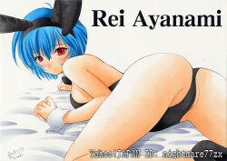 Rule 34 | 1girl, animal ears, ass, ayanami rei, blue hair, breasts, detached collar, fake animal ears, leotard, looking at viewer, marker (medium), medium breasts, neon genesis evangelion, nightmare77zx, pantyhose, playboy bunny, rabbit ears, red eyes, short hair, solo, strapless, strapless leotard, traditional media, wrist cuffs