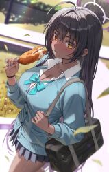 Rule 34 | 1girl, aqua bow, aqua bowtie, aqua cardigan, black hair, blue archive, blue bow, blue bowtie, blue cardigan, blue halo, blue scrunchie, blue sweater, blush, bow, bowtie, breasts, cardigan, collared shirt, corn dog, dark-skinned female, dark skin, halo, highres, karin (blue archive), karin (school uniform) (blue archive), large breasts, long hair, looking at viewer, necktie, pleated skirt, purple halo, saruei, school uniform, scrunchie, shirt, skirt, sweater, white shirt, wrist scrunchie, yellow eyes