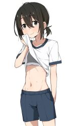 1girl black_eyes black_hair blue_shorts blush clothes_lift cowboy_shot fubuki_(kancolle) gym_shirt gym_uniform hair_between_eyes highres itami_sumihito lifting_own_clothes looking_at_viewer low_ponytail midriff navel original ponytail shirt shirt_lift short_ponytail shorts simple_background smile solo sports_bra sweat underwear white_background white_shirt