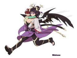 Rule 34 | 1boy, 1girl, absurdres, bare shoulders, black bodysuit, black hair, black wings, blue eyes, bodysuit, breasts, brown eyes, brown hair, carrying, demon girl, demon horns, demon wings, digimon, digimon (creature), digimon story: time stranger, full body, goggles, goggles on head, green jacket, hair bun, highres, horns, jacket, kakudrawmon, large breasts, lilithmon, mixed-language commentary, mole, mole under eye, pants, princess carry, purple eyes, purple lips, red scarf, scarf, short hair, simple background, white background, white pants, wings, yuuki dan, yuuki dan