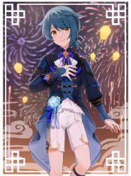 1boy absurdres black_coat blue_bow blue_bowtie blue_hair bow bowtie closed_mouth coat fireworks genshin_impact gnyt0rxxnsq7777 hair_between_eyes highres long_sleeves looking_at_viewer male_focus official_alternate_costume official_alternate_hairstyle ponytail short_hair short_ponytail shorts smile solo tassel white_shorts xingqiu_(bamboo_rain)_(genshin_impact) xingqiu_(genshin_impact) yellow_eyes