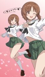 absurdres black_neckerchief breasts brown_eyes brown_hair clothes_lift girls_und_panzer highres loafers long_sleeves medium_hair midriff_peek multiple_views navel neckerchief nishizumi_miho one_eye_closed open_mouth pleated_skirt school_uniform serafuku shirt shirt_lift shirt_overhang shoes skindentation skirt small_breasts socks standing standing_on_one_leg stomach teeth tongue upper_teeth_only white_shirt white_socks zaofeng