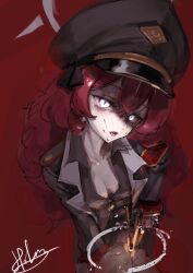 1girl absurdres black_hat black_jacket black_shirt blood blood_on_face blue_archive blue_eyes breasts cleavage fluffy_hair hair_between_eyes hat highres holong5020 iroha_(blue_archive) jacket long_hair looking_at_viewer open_mouth peaked_cap red_hair shaded_face shirt sidelocks small_breasts solo