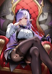 1girl absurdres ahoge ascot black_nails black_pantyhose black_shoes breasts center_frills closed_mouth crossed_legs dioscoreae031 dress drill_hair elbow_rest frills gem high_heels highres large_breasts long_hair long_sleeves looking_at_viewer multicolored_hair pantyhose pointy_ears purple_ascot purple_gemstone purple_hair red_eyes shoes shrug_(clothing) sitting sitting_on_throne solo thick_thighs thighs throne unworn_shoes vivian_(zenless_zone_zero) white_dress white_hair white_shrug zenless_zone_zero