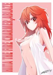 1girl border breasts duel_monster gradient_background highres hiita_(yu-gi-oh!) long_hair medium_breasts navel open_clothes open_shirt red_background red_eyes red_hair sengenjin31 shirt simple_background solo white_border white_shirt yu-gi-oh!