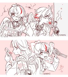 2boys 2girls absurdres angel_wings blazer bow cenemii crack cracked_wall gun handgun highres inukai_komugi jacket love-bullet monochrome multicolored_hair multiple_boys multiple_girls necktie nekoyashiki_yuki pink_background ponytail precure simple_background smile streaked_hair submachine_gun sweatdrop toyama_daifuku uzi weapon white_hair wings yuunagi_tsubasa