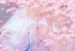 Rule 34 | 1boy, 1girl, blonde hair, blue hair, blush, cherry blossoms, closed eyes, closed mouth, djinchnizhnsh1, genshin impact, hair between eyes, highres, long hair, lumine (genshin impact), lying, multicolored hair, neuvillette (genshin impact), streaked hair, white hair