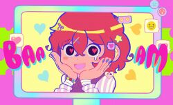 Rule 34 | 1boy, :d, bandaged arm, bandages, bead bracelet, beads, black eyes, blue nails, blush, bracelet, bungou stray dogs, crying, crying with eyes open, curly hair, dazai osamu (bungou stray dogs), emoji, english text, hair ornament, hair ribbon, hand on own chin, hand on own face, heart, heart-shaped pupils, highres, jewelry, looking at viewer, male focus, monitor, neon palette, open mouth, pikpip, purple vest, red hair, ribbon, shirt, short hair, smile, solo, spoken expression, star (symbol), striped clothes, striped shirt, symbol-shaped pupils, tears, upper body, vest, x hair ornament