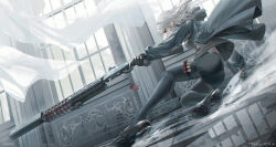 1girl ass black_gloves black_shoes breasts commentary_request curtains day finger_on_trigger gloves grey_hair grey_jacket grey_pants grey_shirt gun highres holding holding_gun holding_weapon hood hood_down hooded_jacket indoors jacket long_hair long_sleeves medium_breasts open_clothes open_jacket original pants puffy_long_sleeves puffy_sleeves red_eyes shirt shoe_soles shoes shotgun shotgun_shell solo swav transparent weapon weapon_request window