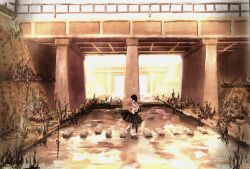2girls black_hair black_thighhighs blueman&amp;alinla bridge commentary kiss koito_yuu medium_skirt multiple_girls nanami_touko pink_hair pleated_skirt river school_uniform serafuku skirt stepping_stones thighhighs white_thighhighs yagate_kimi_ni_naru yuri