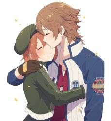 Rule 34 | 1boy, 1girl, absurdres, ao no kiseki, beret, blush, brown gloves, brown hair, closed mouth, commentary, commission, cropped jacket, dog tags, eiyuu densetsu, english commentary, gloves, green hat, hair between eyes, hat, highres, hug, jacket, kiss, kissing forehead, lloyd bannings, long sleeves, noel seeker, open clothes, open jacket, parted bangs, second-party source, short hair, simple background, smile, uikoui, white background, zero no kiseki