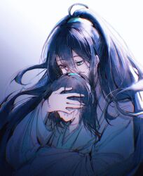 2boys aged_down aqua_eyes black_hair child chinese_clothes chinese_commentary chromatic_aberration crying dual_persona grey_hair half_updo hand_over_another&#039;s_eyes hanfu heterochromia high_ponytail highres hong_lu_(project_moon) hug kinala6490098 limbus_company long_hair long_sleeves looking_at_another looking_down male_focus multiple_boys parted_lips ponytail project_moon tears time_paradox upper_body white_hanfu wide_sleeves