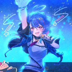 1girl :d ahoge alive_musix arm_up black_jacket blue_hair blush camisole commentary_request cropped_jacket grey_camisole hair_between_eyes heart heart_ahoge holding holding_microphone ittokyu jacket looking_at_viewer mair_(alive_musix) microphone motion_lines multicolored_hair nail_polish open_clothes open_jacket open_mouth outline pink_nails qr_code red_eyes red_hair smile solo star_(symbol) streaked_hair v-shaped_eyebrows virtual_youtuber watermark white_outline