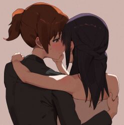 2girls bare_arms black_jacket blush brown_background brown_eyes brown_hair closed_mouth dress film_grain from_behind half_updo hand_on_another&#039;s_face hand_on_another&#039;s_shoulder hibike!_euphonium highres jacket kousaka_reina lie_lack1080 long_hair multiple_girls oumae_kumiko ponytail purple_hair simple_background strapless strapless_dress sweatdrop white_dress yuri