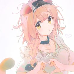Rule 34 | 1girl, :o, alternate costume, animal ears, apron, arknights, black collar, black hairband, braid, cat ears, cat girl, cat tail, collar, enmaided, floppy ears, goldenglow (arknights), hairband, heart, heart hands, light blush, long hair, looking at viewer, maid, namie-kun, pink hair, shirt, simple background, solo, tail, white apron, white background, white shirt, yellow eyes