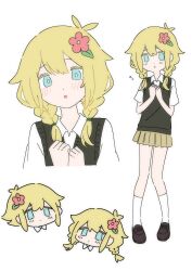 1boy 1girl :o antenna_hair aqua_eyes basil_(faraway)_(omori) basil_(omori) black_shoes black_sweater_vest blonde_hair blush braid bright_pupils brown_skirt chibi chibi_inset closed_mouth collared_shirt colored_eyelashes commentary cropped_torso dot_mouth double-parted_bangs flat_chest flat_color flower flying_sweatdrops full_body genderswap genderswap_(mtf) hair_between_eyes hair_flower hair_ornament hair_over_shoulder hair_tie hands_up highres kneehighs knees_together_feet_apart leaf loafers looking_at_viewer miniskirt multiple_views neko_maro27 omori open_mouth own_hands_together pleated_skirt red_flower shirt shoes short_sleeves simple_background skirt socks standing sweater_vest twin_braids white_background white_pupils white_shirt white_socks