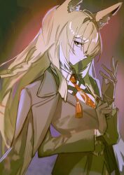 1girl absurdres ahoge animal_ear_fluff arknights black_coat black_gloves black_suit blonde_hair closed_mouth coat formal_clothes gloves highres long_hair looking_at_viewer peemy solo suit upper_body vulpisfoglia_(arknights)