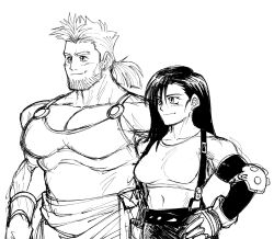 1boy 1girl beard biceps breasts capsule_(capsulecomputrz) crop_top elbow_gloves elbow_pads facial_hair final_fantasy final_fantasy_vi final_fantasy_vii fingerless_gloves gloves greyscale highres huge_pectorals in-franchise_crossover large_breasts looking_to_the_side monochrome muscular muscular_male pectoral_cleavage pectorals ponytail sabin_rene_figaro sketch smile suspenders tank_top tifa_lockhart trait_connection upper_body