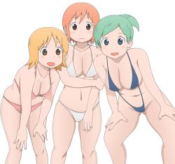 Rule 34 | 3girls, bikini, blue bikini, blue eyes, breasts, brown eyes, cleavage, fecchan, green hair, hand on own arm, hand on own thigh, looking at viewer, multiple girls, navel, nichijou, npnfj705, orange hair, pink bikini, ponytail, red hair, short ponytail, swimsuit, tachibana misato, thighs, weboshii, white background, white bikini