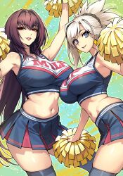 2girls absurdres bare_shoulders blue_eyes breasts cheerleader crop_top dynamitenatalia fate/grand_order fate_(series) highres large_breasts long_hair looking_at_viewer midriff miniskirt miyamoto_musashi_(fate) multiple_girls navel pink_hair pom_pom_(cheerleading) purple_hair red_eyes scathach_(fate) skirt smile swept_bangs thighhighs thighs