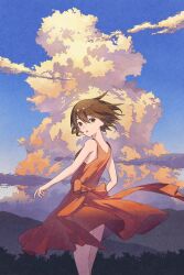 1girl bare_arms blue_sky bow brown_hair cloud cowboy_shot double-parted_bangs dress dress_bow evening floating_clothes floating_hair forest hair_between_eyes highres hill ito_yoshi looking_at_viewer looking_back nature open_mouth orange_bow orange_dress orange_eyes original scenery short_hair sky sleeveless sleeveless_dress solo standing wind