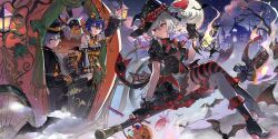 1boy 2girls alternate_costume bangboo_(zenless_zone_zero) bare_shoulders bat_(animal) belle_(zenless_zone_zero) black_dress black_gloves blue_hair broom broom_riding brother_and_sister building candy carriage character_request cloud commentary detached_sleeves dress english_commentary food frills gloves grey_hair halloween halloween_bucket halloween_costume hat high_heels highres lantern lunar_(lunar_815) moon multiple_girls night night_sky red_eyes short_hair siblings sitting sky smoke soldier_11_(zenless_zone_zero) star_(sky) starry_sky striped_leggings thighhighs top_hat waving wheel wide_sleeves wise_(zenless_zone_zero) witch witch_hat zenless_zone_zero