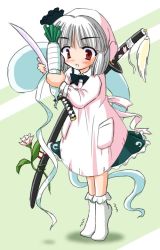1girl blush bow collar cooking daikon eyebrows female_focus flower grey_hair hair_between_eyes hitodama katana konpaku_youmu konpaku_youmu_(ghost) long_sleeves no_shoes open_mouth overexposure peeling pocket radish red_eyes short_hair sleeves_past_wrists socks solo sword tiptoes touhou weapon yamu_(reverse_noise)
