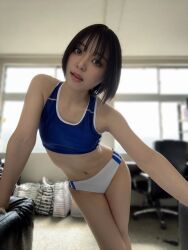 1girl black_hair blurry blurry_background flat_chest highres japanese_(nationality) looking_at_viewer monami_suzu navel open_mouth photo_(medium) room short_hair standing window