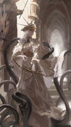 1boy absurdres aiguillette androgynous arrow_(projectile) black_snake bow_(weapon) cape column covered_eyes dark_souls_(series) dark_souls_i dark_sun_gwyndolin headpiece highres holding holding_bow_(weapon) holding_weapon long_hair male_focus mona_(shien0125) pillar robe snake standing statue trap weapon white_cape white_hair white_robe