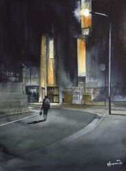 1boy brick_wall dark gate highres lamppost male_focus mouen_tw night night_sky original painting_(medium) road scenery shadow sidewalk sky street traditional_media utility_pole watercolor_(medium) window