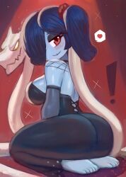 ! 1girl absurdres ass barefoot black_dress blue_hair blue_skin blush breasts choker colored_skin detached_sleeves dress from_behind hair_over_one_eye heart highres large_breasts leviathan_(skullgirls) long_hair long_sleeves looking_at_viewer looking_back monster ponytail red_background red_eyes side_ponytail sitting skullgirls smile sparkle speech_bubble spoken_heart spotlight squigly_(skullgirls) stitched_mouth stitches strapless strapless_dress thick_thighs thighs tony_welt wide_hips zombie