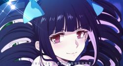 1girl black_hair blunt_bangs blush bow celestia_ludenberg colored_inner_hair cosplay criis-chan danganronpa:_trigger_happy_havoc danganronpa_(series) drill_hair gothic_lolita green_bow hair_bow head lolita_fashion long_hair looking_at_viewer multicolored_hair panty_&amp;_stocking_with_garterbelt portrait purple_hair red_eyes smile solo stocking_(psg) stocking_(psg)_(cosplay) twin_drills twintails twitter_username white_hair