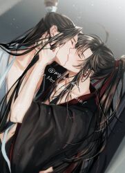 2boys ahoge bishounen black_hair black_hanfu black_robe blush chinese_clothes closed_eyes collarbone couple english_text eyelashes french_kiss hair_ribbon hand_on_another&#039;s_back hand_on_another&#039;s_neck hand_up hanfu high_ponytail hug kiss lan_wangji light_particles long_hair male_focus mg_ms_dayo modao_zushi multiple_boys navel open_clothes open_robe ponytail red_ribbon ribbon robe sidelocks topknot twitter_username upper_body watermark wei_wuxian white_hanfu white_ribbon wide_sleeves xiao_guan_(headdress) yaoi