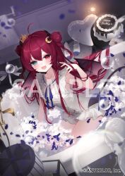 1girl :d ahoge bathtub blue_eyes blue_ribbon blurry bubble cake commentary_request copyright_notice crescent crescent_hair_ornament crown depth_of_field double_bun dress fang fireworks food frilled_dress frills hair_between_eyes hair_bun hair_ornament happy_birthday long_hair looking_at_viewer mini_crown nijisanji official_art open_mouth red_eyes red_hair ribbon sample_watermark shoes sleeveless sleeveless_dress smile solo sparkler tail tamafurin twintails unworn_shoes virtual_youtuber water watermark white_dress white_shoes wings yuzuki_roa yuzuki_roa_(3rd_costume)