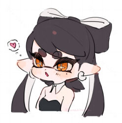 1girl :o bare_shoulders black_dress black_hair blush bow-shaped_hair breasts callie_(splatoon) chibi chibi_only collar commentary_request coula_cat cropped_torso cross-shaped_pupils detached_collar dot_nose dress earrings heart highres jewelry large_ears long_hair mole mole_under_eye nintendo pointy_ears portrait small_breasts speech_bubble splatoon_(series) splatoon_1 strapless strapless_dress swept_bangs symbol-shaped_pupils tentacle_hair thick_eyebrows thick_eyelashes thought_bubble twitter_username watermark watermark_grid white_background white_collar yellow_eyes