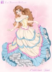 Rule 34 | 1girl, blue eyes, brown hair, dress, empress elisabeth of austria, female focus, highres, laetcroft, long dress, long hair, pink background, princess, princess sissi, smile, standing, vintage clothes