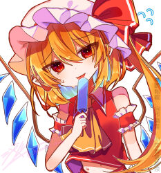 1girl alternate_costume ascot blonde_hair blush cowboy_shot crystal eating flandre_scarlet flying_sweatdrops food hair_between_eyes hat hat_ribbon highres holding licking looking_at_viewer midriff midriff_peek mob_cap pointy_ears popsicle puffy_short_sleeves puffy_sleeves red_eyes red_vest ribbon shanmeri shirt short_sleeves side_ponytail simple_background solo sweat tongue tongue_out touhou upper_body vest white_background wings yellow_ascot