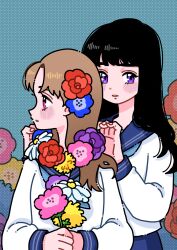 Rule 34 | 2girls, black hair, blue background, blue flower, blue sailor collar, blue skirt, blush stickers, brown hair, daisy (flower), dandelion, flower, flower necklace, fujishima moyu, hair flower, hair ornament, highres, holding, holding flower, jewelry, long sleeves, multiple girls, necklace, original, parted lips, purple eyes, red flower, sailor collar, school uniform, shirt, skirt, white shirt, yellow flower, yuri