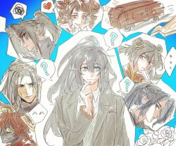 ... 3girls 5boys ? ^_^ aqua_eyes black_coat black_hair black_hanfu black_vest blue_background blue_hair braid brother_and_sister brothers bus chinese_clothes closed_eyes closed_mouth coat collared_shirt colored_skin double_bun drill_hair finger_to_own_chin folded_fan folding_fan from_side furrowed_brow gradient_background grey_eyes grey_skin grin hair_bun half_updo hand_fan hanfu head_rest heterochromia high_ponytail highres holding holding_fan hong_lu_(project_moon) jia_huan_(project_moon) jia_qiu_(project_moon) jia_xichun_(project_moon) limbus_company lin_daiyu_(project_moon) long_hair long_sleeves looking_ahead looking_at_another motor_vehicle multiple_boys multiple_girls necktie parted_lips pink_eyes ponytail popped_collar project_moon red_eyes red_hair red_necktie scar scar_on_face shirt siblings smile spoken_question_mark vest white_shirt white_streaks xiao_guan_(headdress) xue_baochai_(project_moon) xue_pan_(project_moon) yellow_eyes yuanxiu46324184