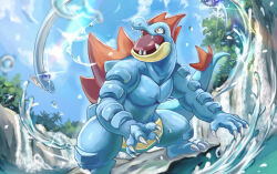 blurry bush claws cloud creatures_(company) dragonair feraligatr full_body game_freak gen_1_pokemon gen_2_pokemon kou_(xcws3487) legs_apart lens_flare muscular nintendo no_humans open_mouth outdoors pectoral_cleavage pectorals pokemon pokemon_(creature) reptile shadow sharp_teeth sky sparkle spikes standing tail teeth water water_drop yellow_eyes