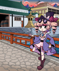barrel belt boots bracelet bridge coat dress drill_hair earrings eyelashes eyewear_on_head gem hat high_collar highres house jewelry kevin_arthur leather leather_boots necklace orange_hair pink_dress purple_coat ring river scenery smoking sunglasses sunset top_hat touhou twin_drills village yorigami_jo&#039;on