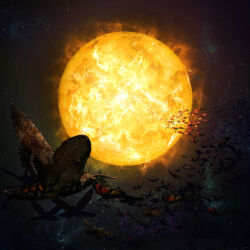 bug burning energy energy_ball fire flying galaxy insect moth no_humans original painterly piotrdura scenery space sun