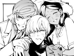1girl 2boys ^_^ bindi char_aznable closed_eyes closed_mouth collared_shirt double_bun frown garma_zabi greyscale grin gundam gundam_gquuuuuux hair_bun hair_over_one_eye hand_on_another&#039;s_shoulder jacket kureno3 lalah_sune lapels leaning_to_the_side looking_at_viewer monochrome multiple_boys notched_lapels parted_bangs shirt short_hair simple_background smile striped_clothes striped_shirt sweat swept_bangs turtleneck upper_body wing_collar