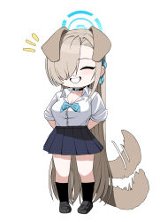 1girl absurdres animal_ears asuna_(blue_archive) asuna_(school_uniform)_(blue_archive) black_footwear black_socks blue_archive blue_bow blue_bowtie blue_halo blue_ribbon blue_skirt bow bowtie breasts cleavage collarbone dog_ears dog_tail full_body hair_over_one_eye hair_ribbon halo highres kkuyangitang1 large_breasts long_hair ribbon shirt skirt smile socks solo tail tail_wagging very_long_hair white_shirt