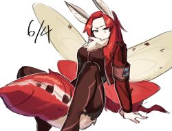 1girl armband arthropod_girl bodysuit commentary_request dated full_body gebura_(project_moon) heterochromia highres insect_girl insect_wings lobotomy_corporation long_hair long_sleeves looking_at_viewer moth_antennae moth_girl moth_wings neck_fur parted_bangs project_moon red_armband red_bodysuit red_hair red_wings sidelocks simple_background sitting solo sutek1na_game tail white_background wings yellow_eyes yellow_wings