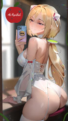 1girl absurdres aki_rosenthal aou13093 ass blonde_hair blush breasts character_name closed_mouth detached_hair detached_sleeves garter_straps headgear highres hololive large_breasts long_hair panties purple_eyes red_eyes selfie sitting solo thighhighs underwear virtual_youtuber white_panties white_sleeves white_thighhighs