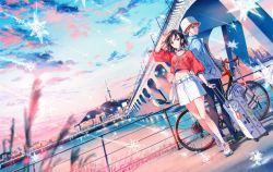 2girls back-to-back between_breasts bicycle bird black_hair breasts bridge brown_eyes brown_hair choker city cover_image crop_top dutch_angle fingerless_gloves gloves hand_in_pocket hat highres midriff multiple_girls navel original purple_eyes river seagull seoul short_hair skirt standing strap_between_breasts suitcase sunset tiv water